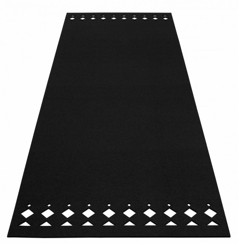 Schwarzer Hey Sign Teppich Rana aus Wollfilz mit dekorativem, geometrischem Muster an den Enden.